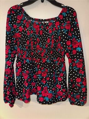 Self Esteem Womens M Black Red Floral Polka Dot Round Neck Long Sleeve Blouse